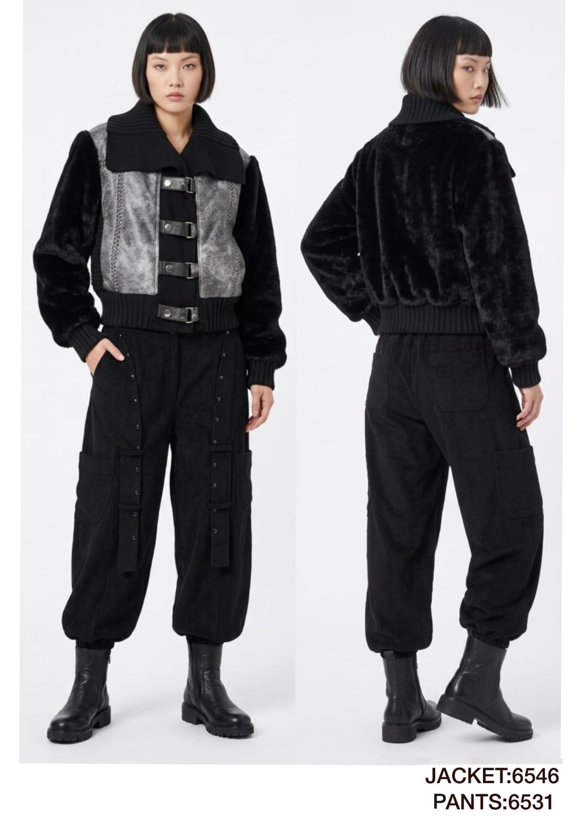 Women's Two-Piece Edgy Techwear Set - Faux Fur Bomber Jacket & Studded Cargo Pants