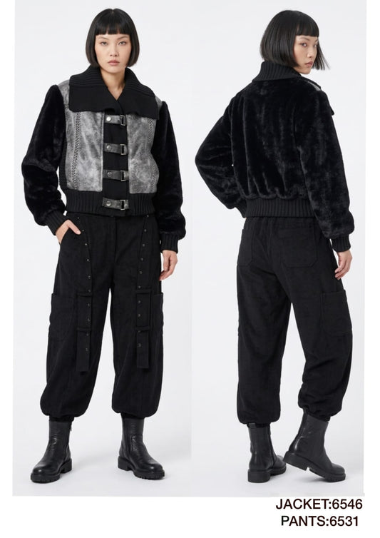 Women's Two-Piece Edgy Techwear Set - Faux Fur Bomber Jacket & Studded Cargo Pants