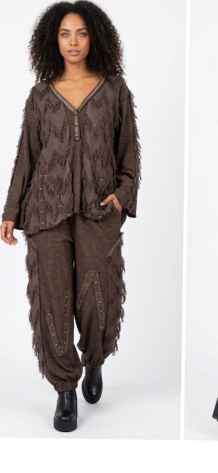 Women’s Boho Fringe Two-Piece Lounge Set | V-Neck Top & Joggers