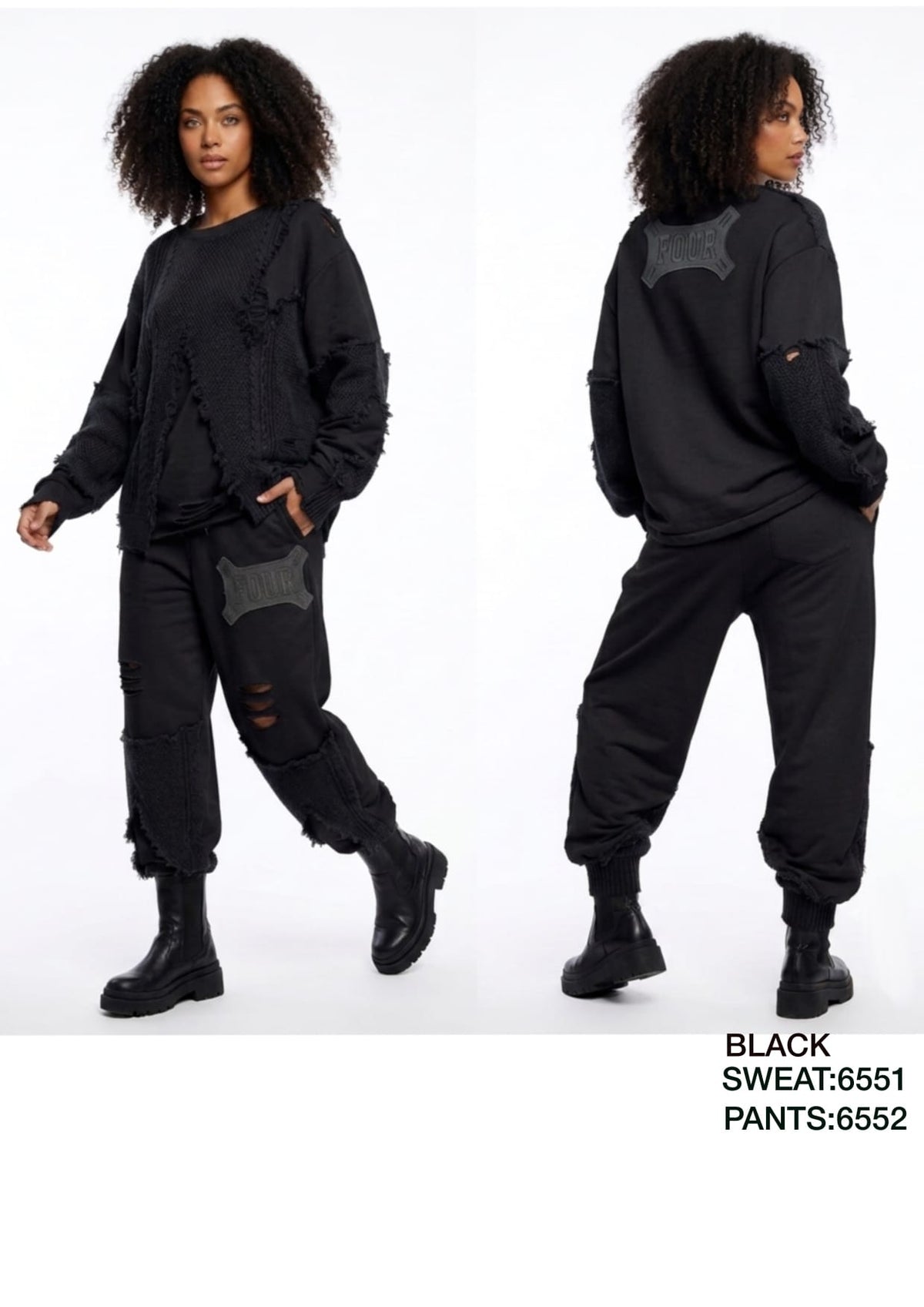 Women’s Black Distressed Knit Sweatshirt & Jogger Pants Set