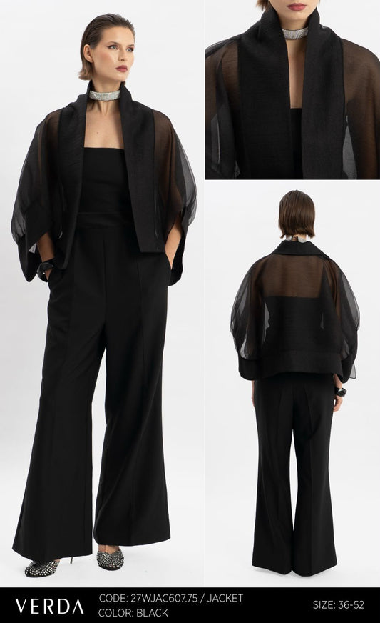 Black Sheer Balloon Sleeve Jacket for Women