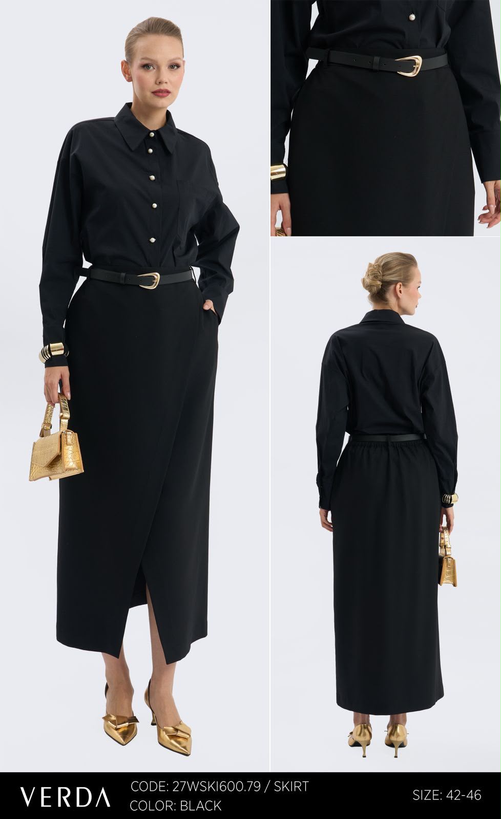 Verda Black Button-Front Midi Skirt with Belt