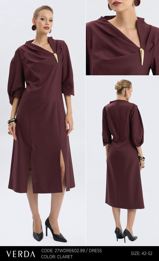 Verda Claret Draped Neck Midi Dress