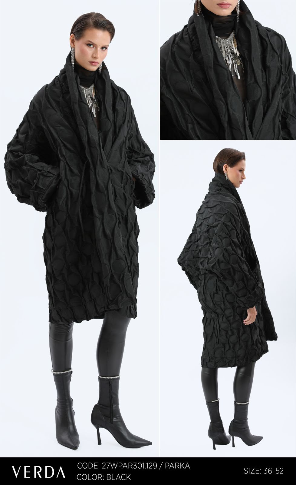 Black Sculptural Textured Longline Parka