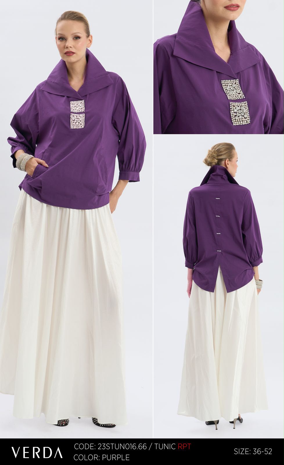 Purple High-Collar Statement Tunic with Embellished Detail
