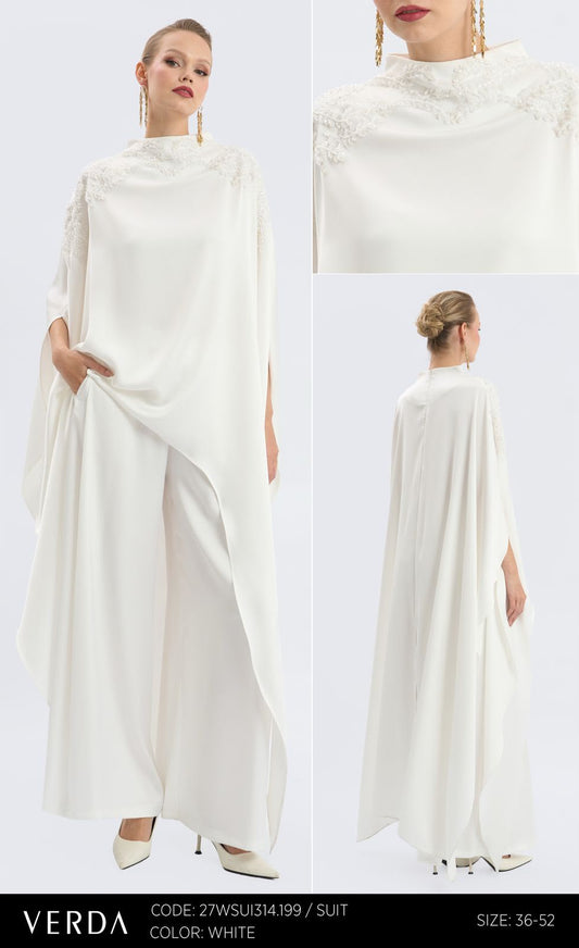 White Embellished Draped Cape Ensemble