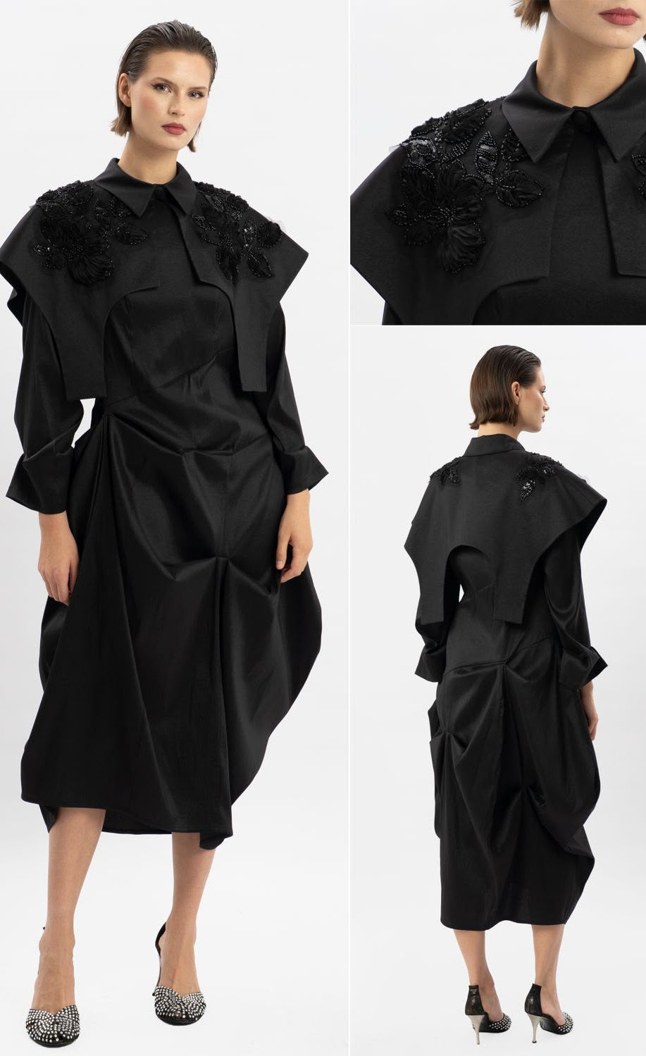 Black Sculptural Draped Midi Dress with Floral Appliqué