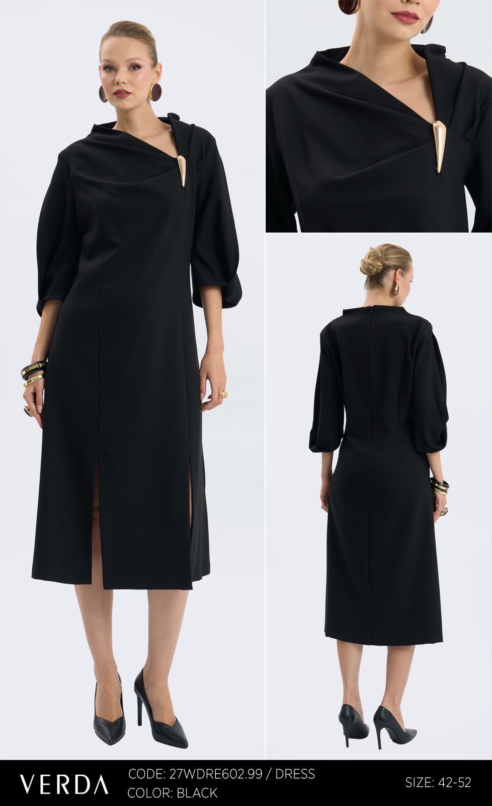 Black Sculptural Draped-Neck Midi Dress