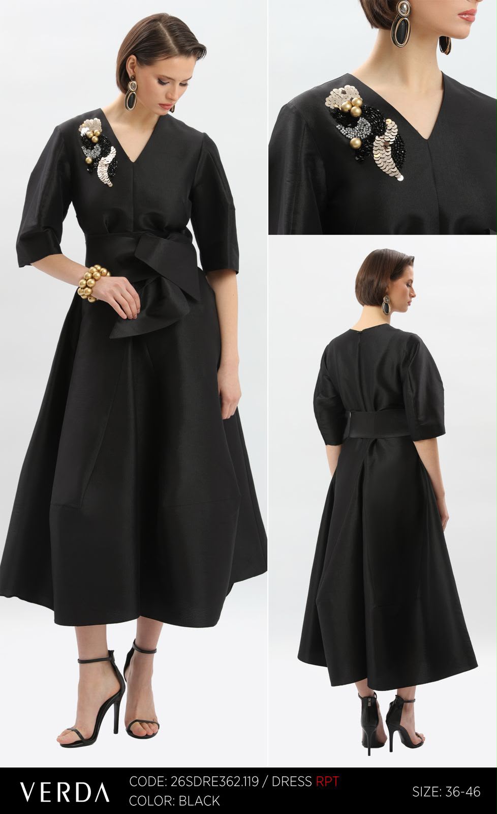 Black Embellished V-Neck Belted Midi Dress