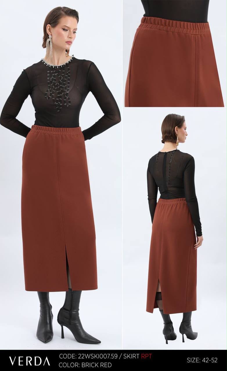 Brick Red Minimalist Front-Slit Midi Skirt