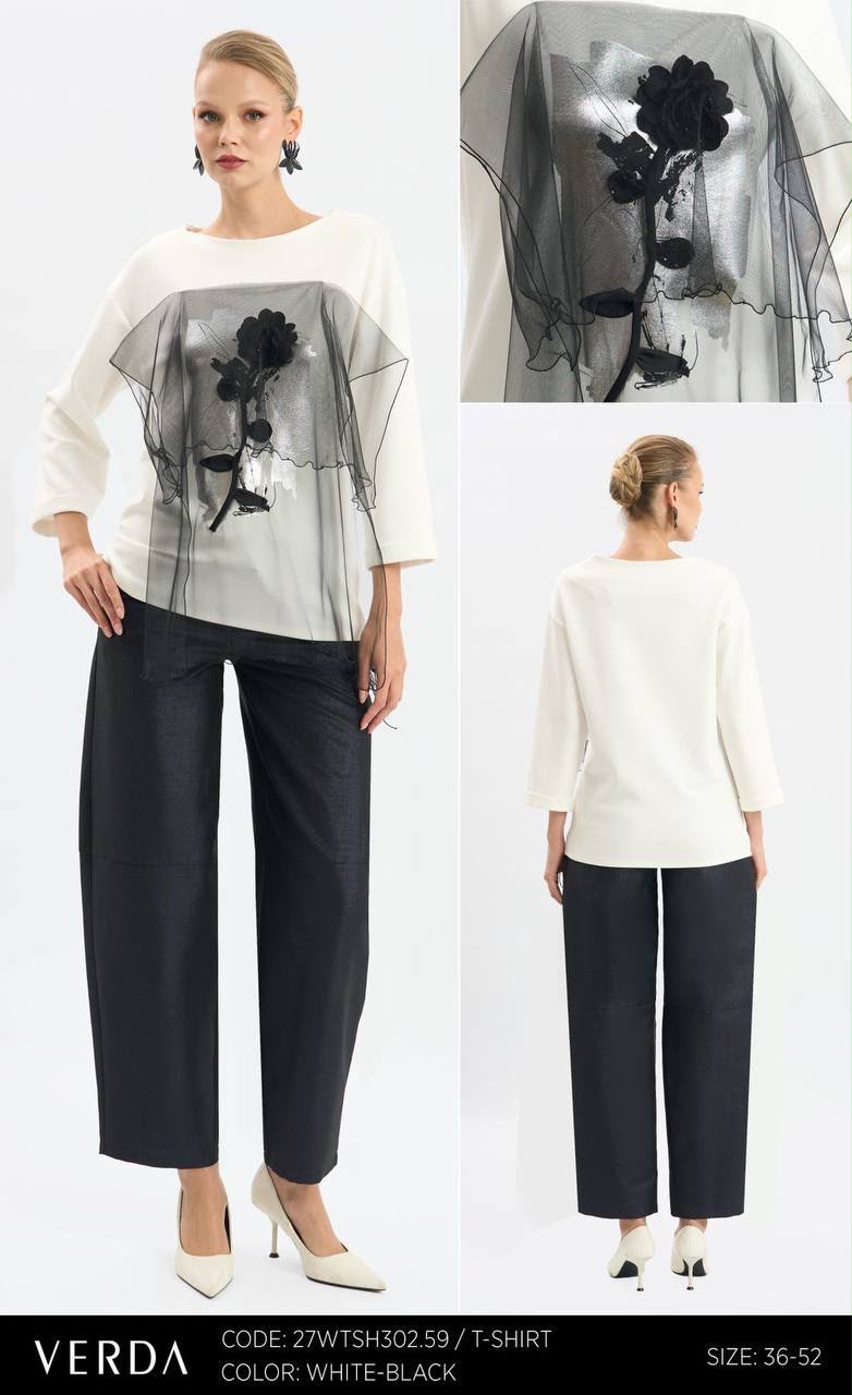 White Statement T-Shirt with Black Floral Tulle Appliqué