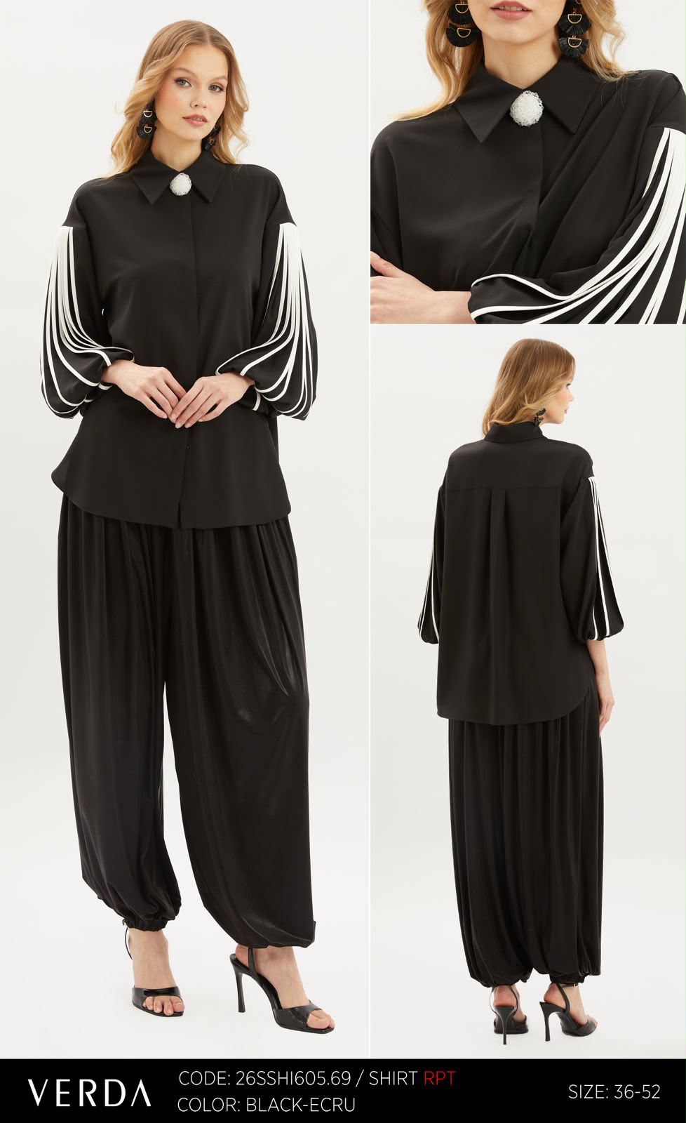 Black & Ecru Draped-Sleeve Statement Shirt