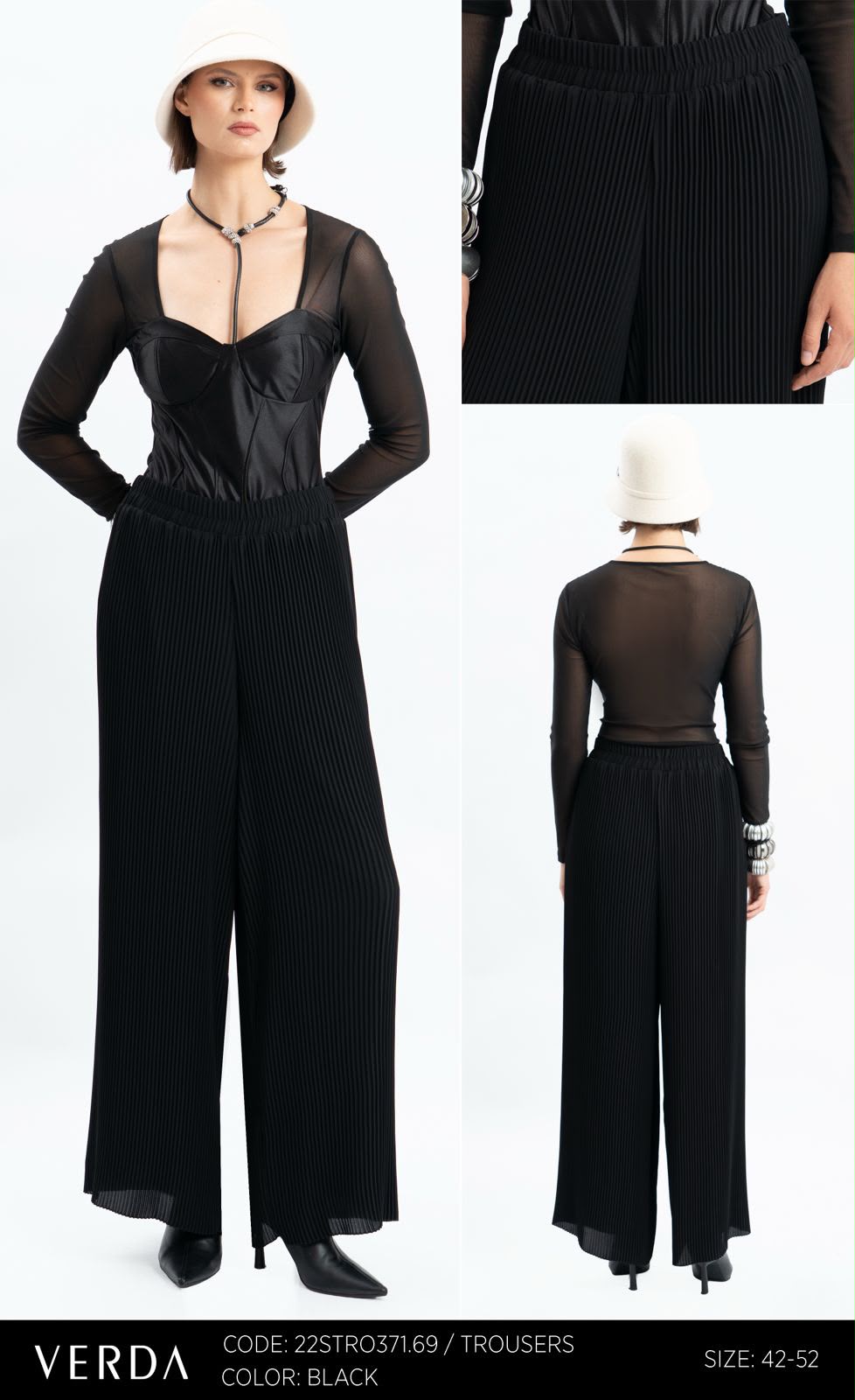 Black Pleated Wide-Leg Statement Trousers