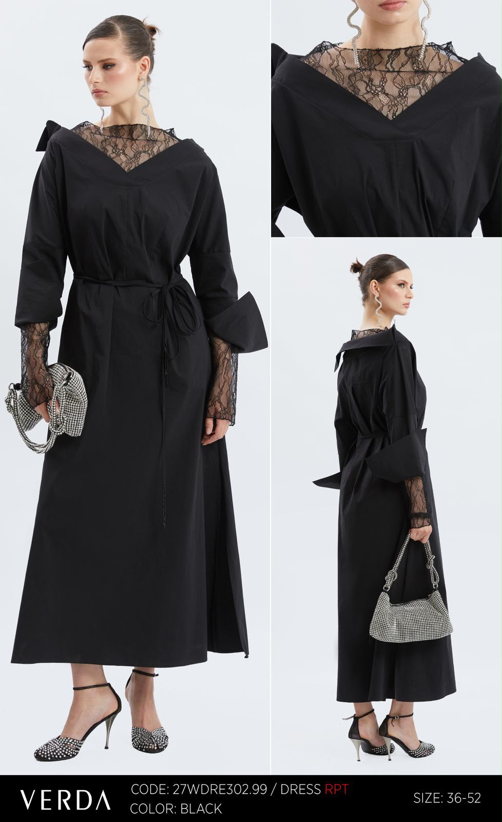 Black Lace-Neck Belted Midi Dress