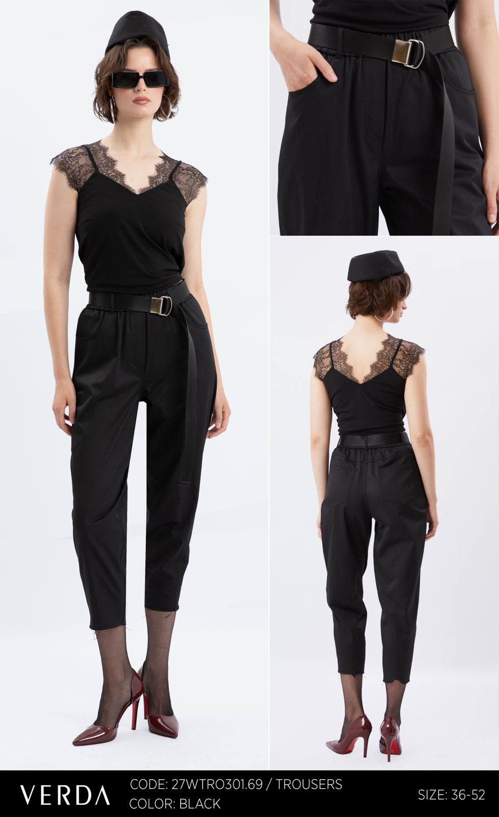 Black Belted Tapered Tailored Trousers