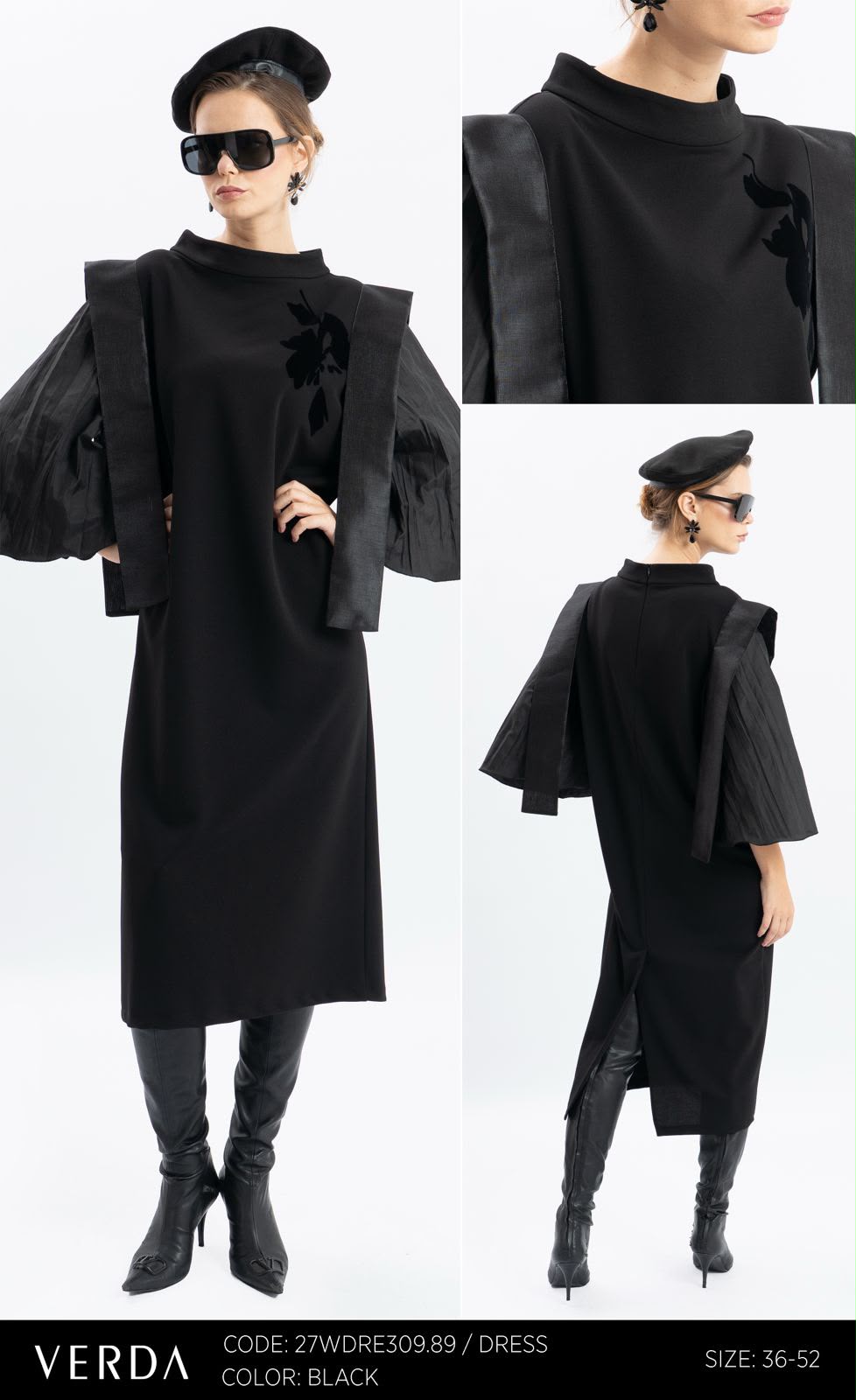 Black High-Neck Sculptural Sleeve Midi Dress