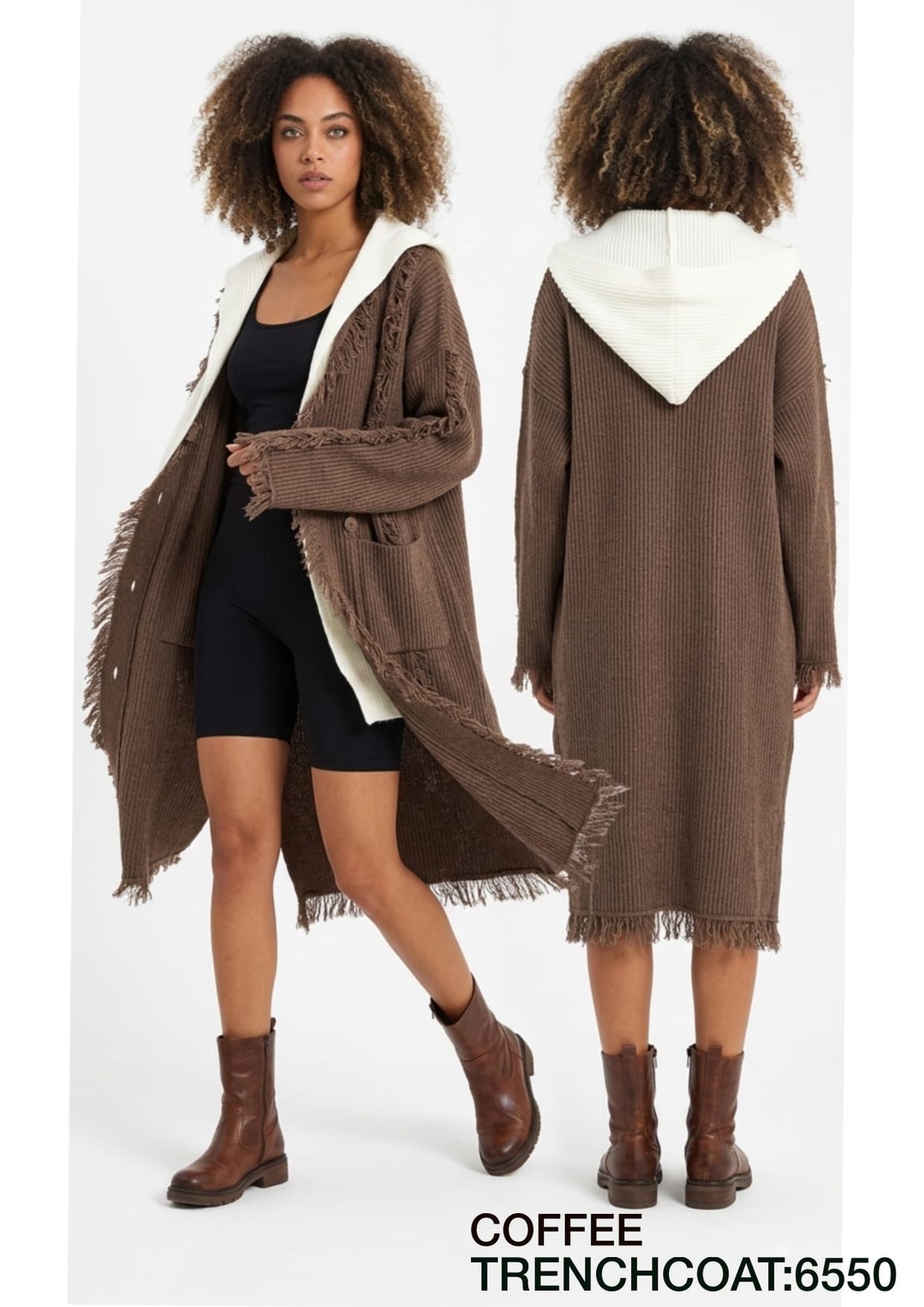 Women's Hooded Fringed Maxi Trench Cardigan Coat - Gray