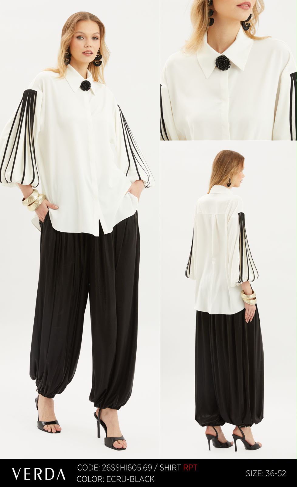 Black & Ecru Draped-Sleeve Statement Shirt