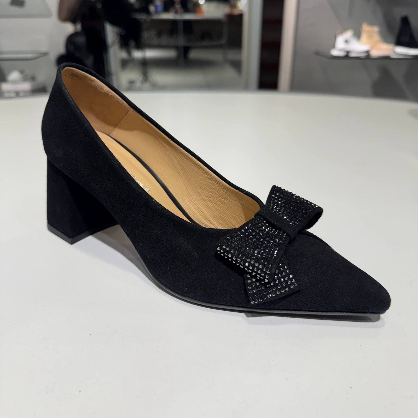 Pointed-Toe Block Heel Pump with Bow Accent