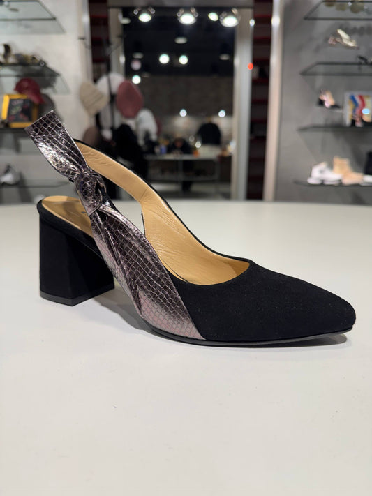 Black Suede & Metallic Leather Slingback Pumps