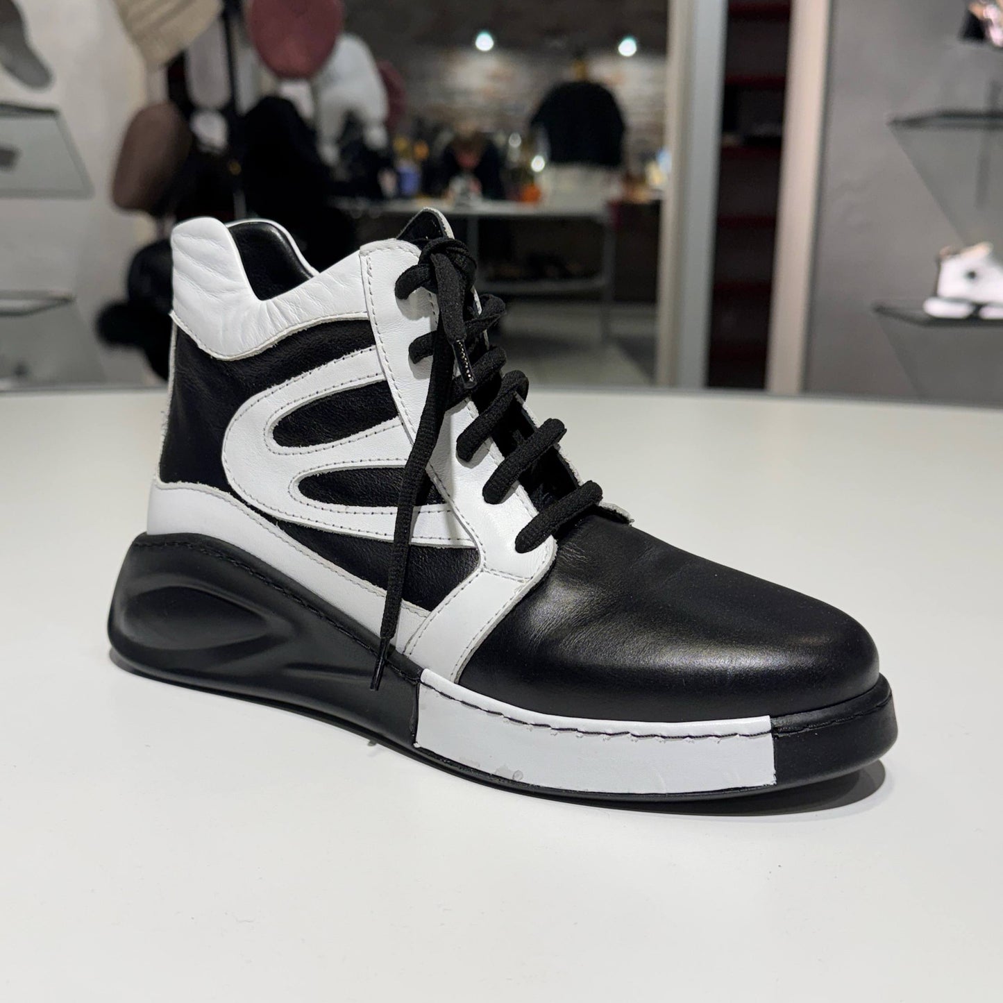 High-Top Lace-Up Sneaker Boot in Black and White
