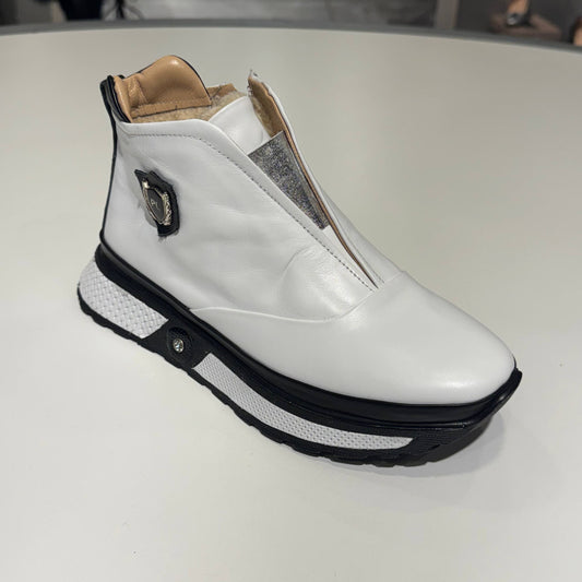 White Platform Ankle Boot with Front Zip Detail
