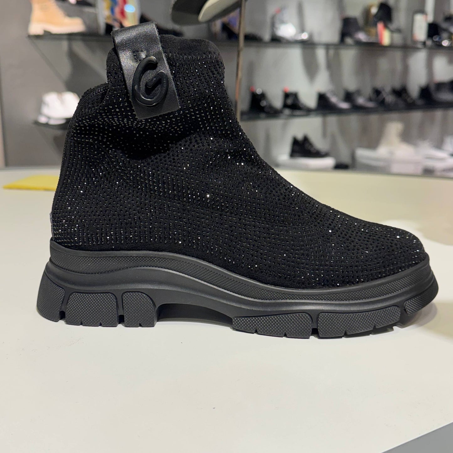 Black Sock-Style Ankle Boot with Sparkle Finish