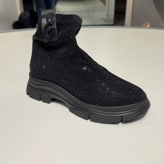 Black Sock-Style Ankle Boot with Sparkle Finish