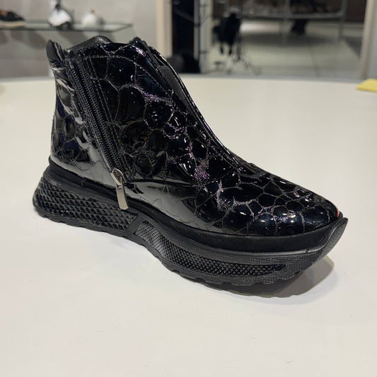 Black Patent Ankle Boot with Croc-Effect Texture