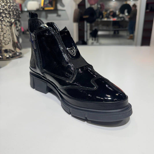 Black Patent Ankle Boot with Elastic Front Panel