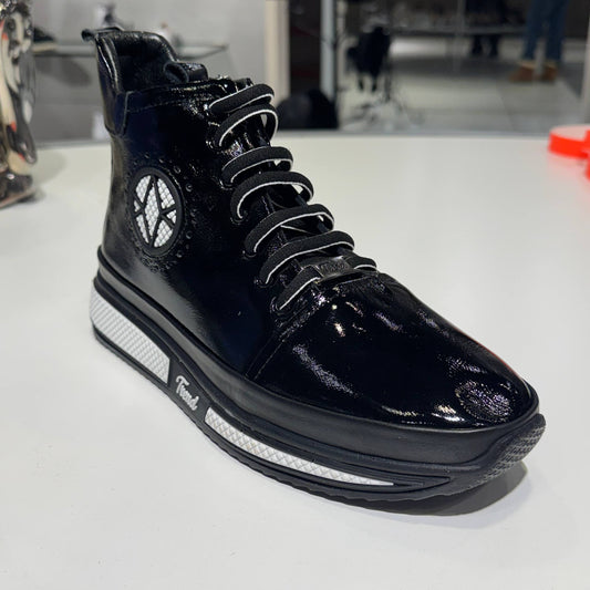 Black Patent Lace-Up Ankle Boot with Chunky Sole