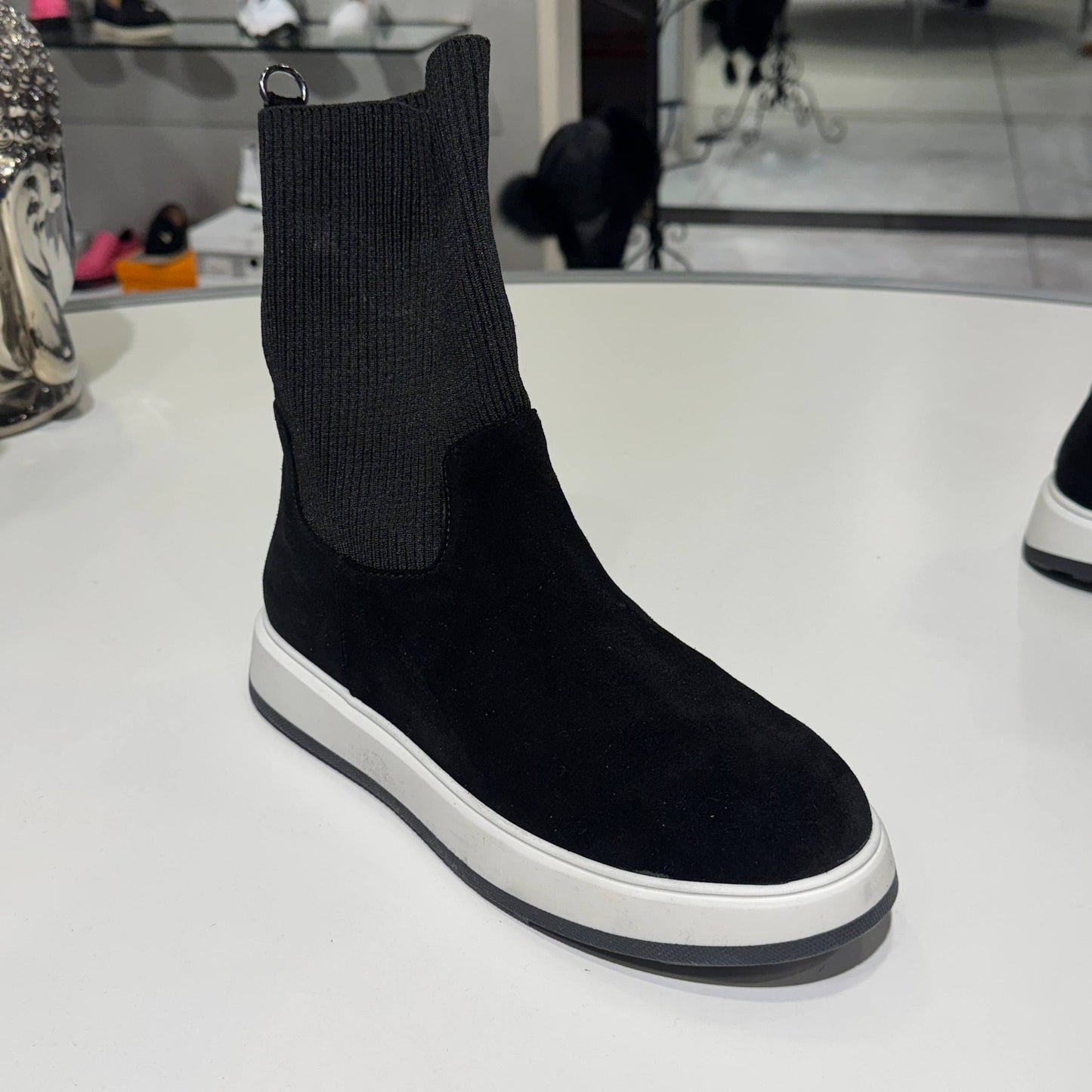 Black Suede Sock Ankle Boot with Contrast Sole