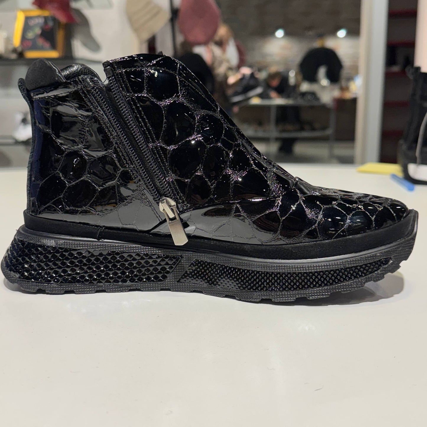 Black Patent Ankle Boot with Croc-Effect Texture