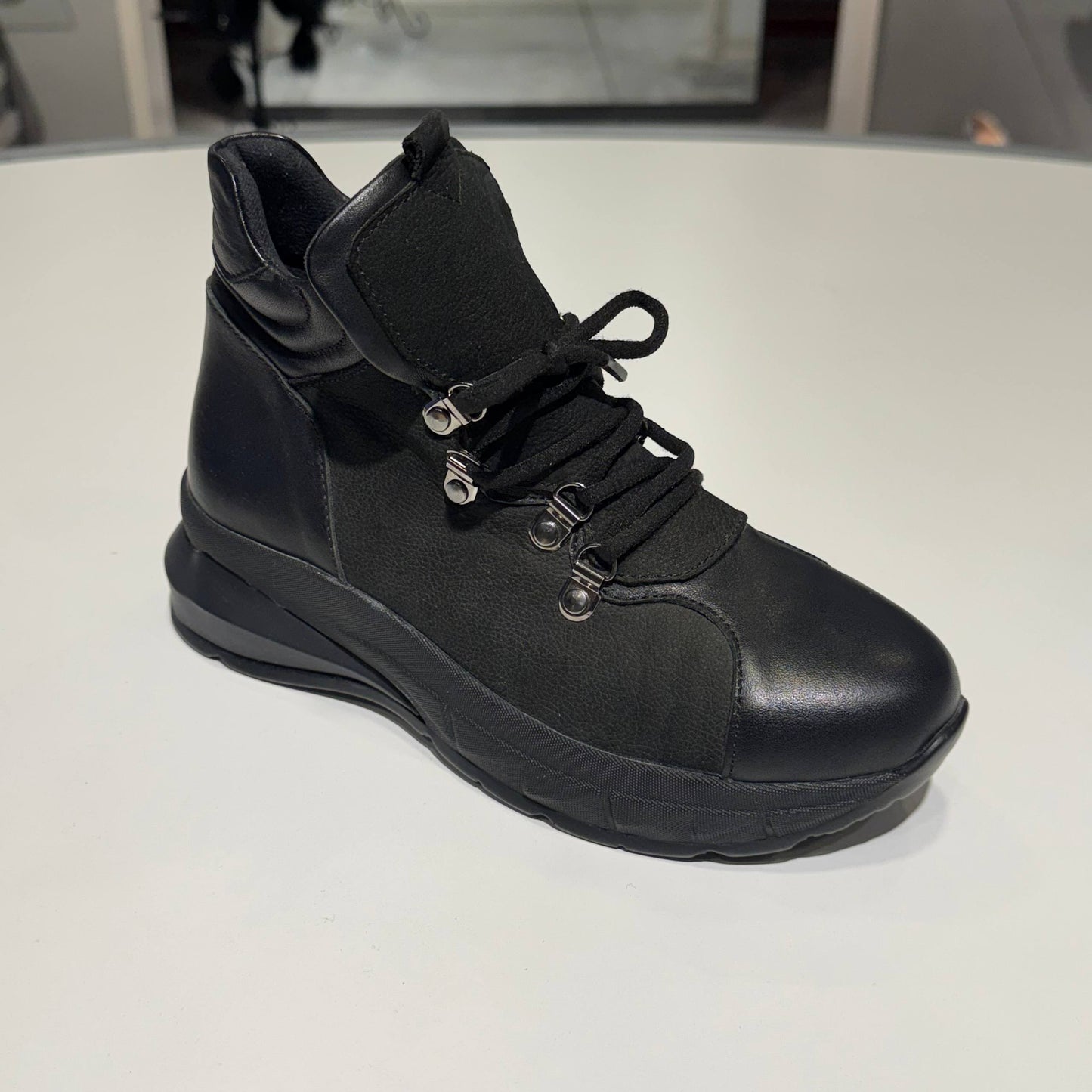 Black Leather Lace-Up Ankle Boot with Cushioned Sole