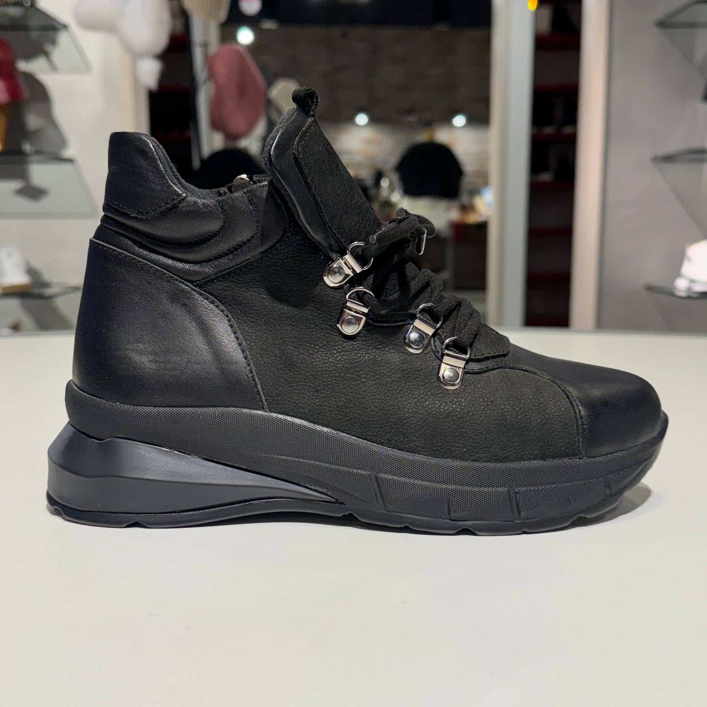 Black Leather Lace-Up Ankle Boot with Cushioned Sole