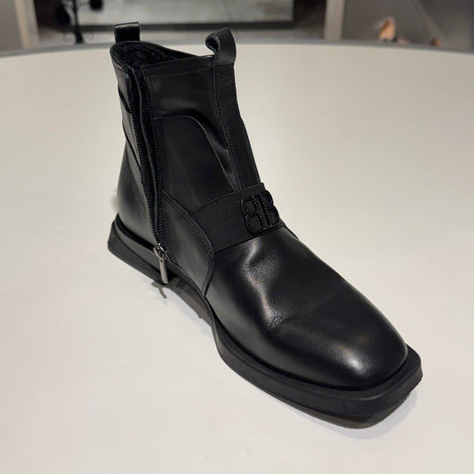 Black Leather Ankle Boot with Elastic Strap Detail