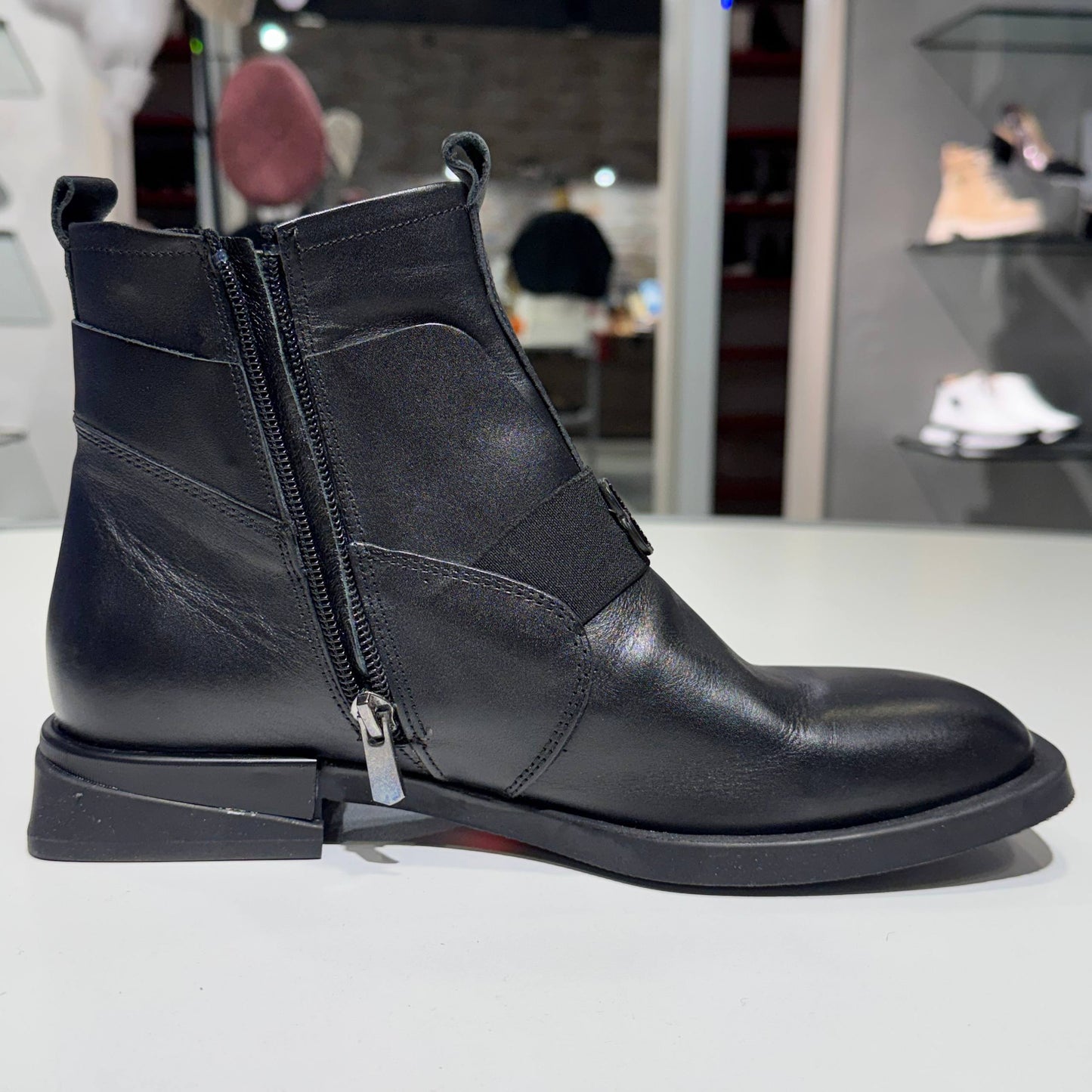 Black Leather Ankle Boot with Elastic Strap Detail