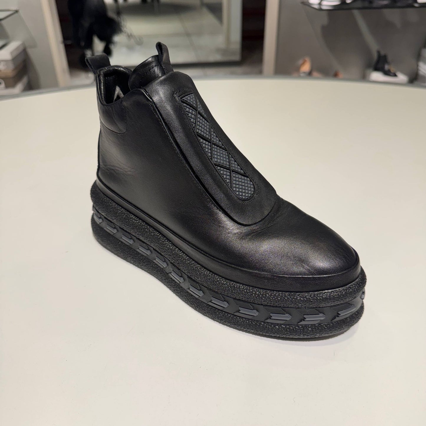 Black Leather Platform Ankle Boot with Textured Front Panel