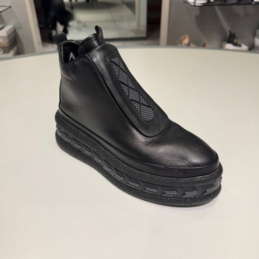 Black Leather Platform Ankle Boot with Textured Front Panel