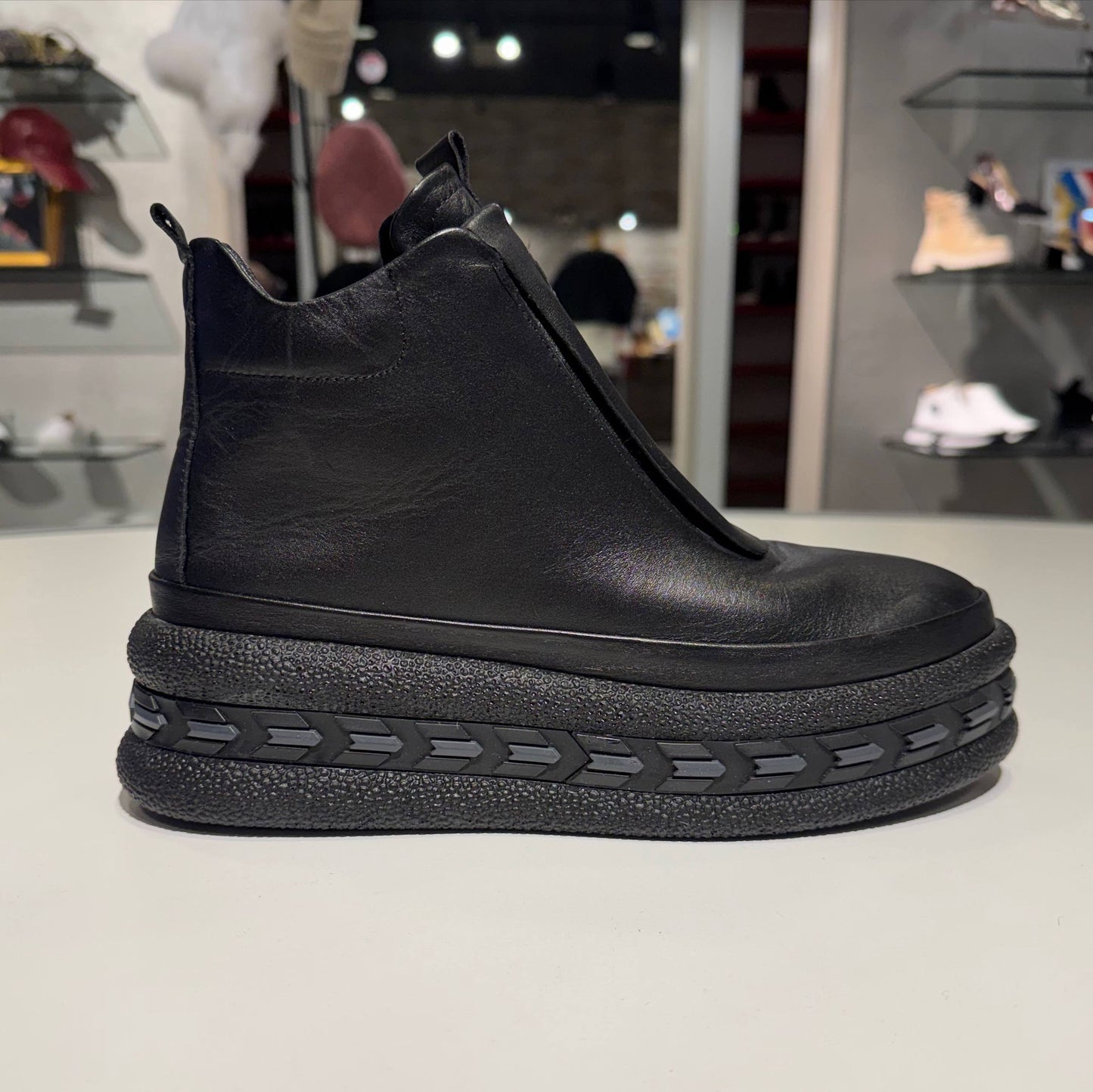 Black Leather Platform Ankle Boot with Textured Front Panel