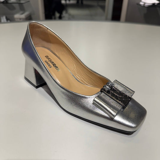 Silver Leather Block Heel Pump with Decorative Bow