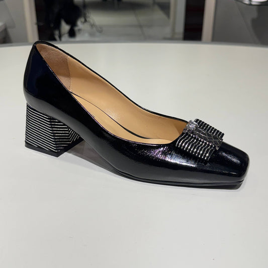 Black Patent Leather Block Heel Pump with Textured Bow