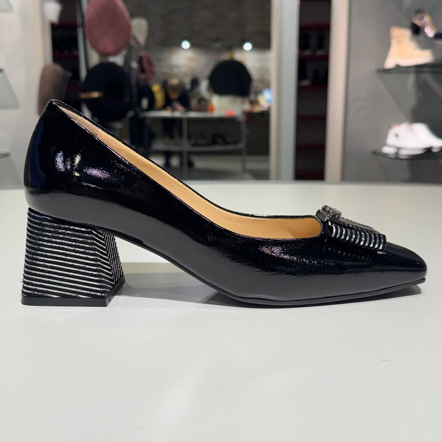 Black Patent Leather Block Heel Pump with Textured Bow