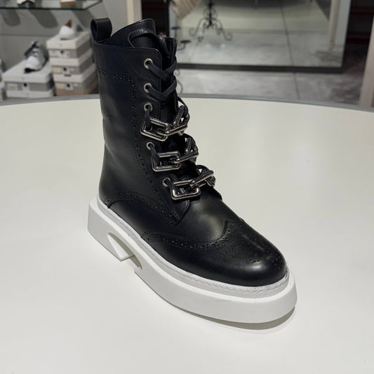 Black Leather Lace-Up Ankle Boot with Cushioned Sole