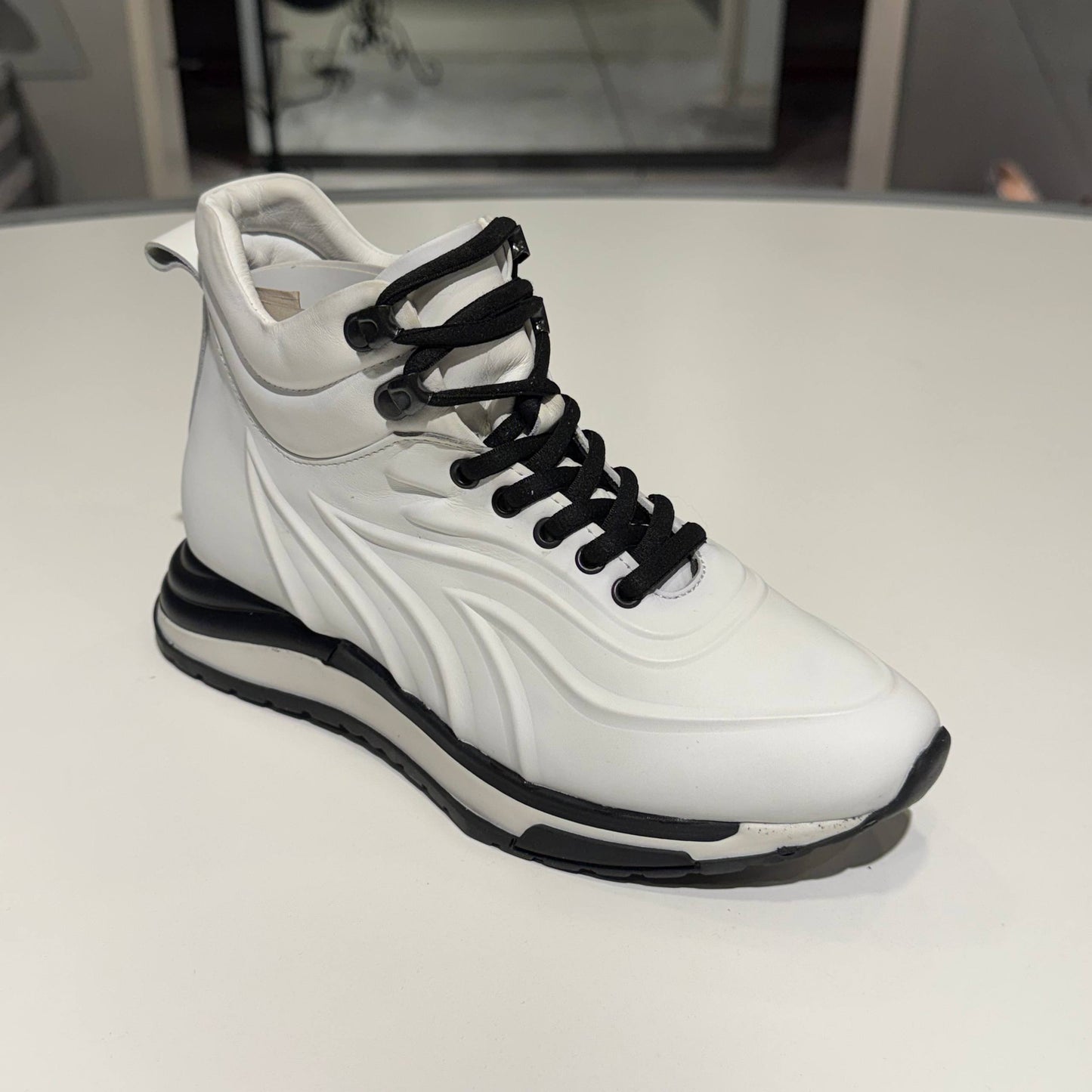White Sculpted Leather High-Top Sneaker with Black Contrast Sole