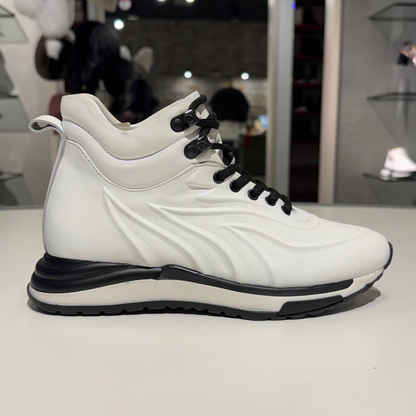 White Sculpted Leather High-Top Sneaker with Black Contrast Sole