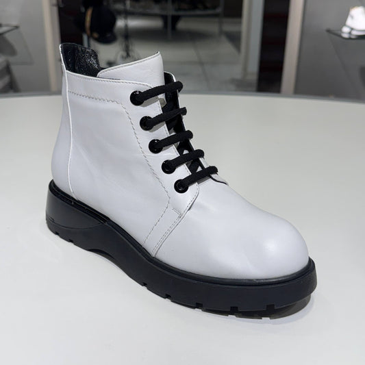 White Leather Lace-Up Ankle Boot with Black Chunky Sole
