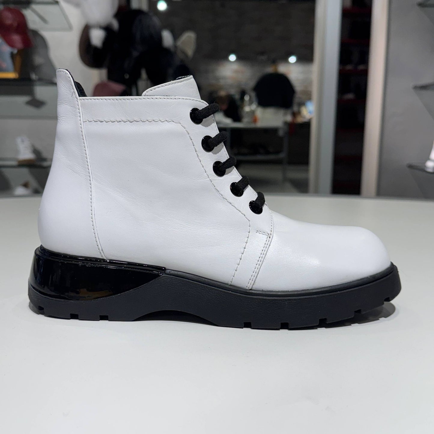 White Leather Lace-Up Ankle Boot with Black Chunky Sole