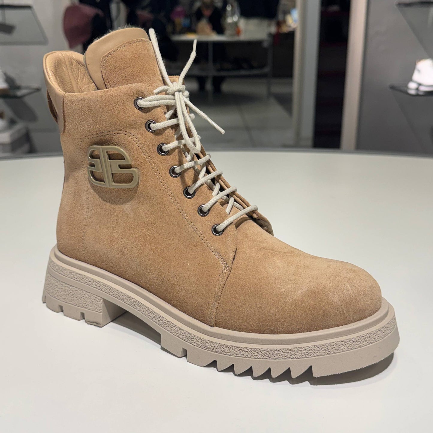 Beige Suede Lace-Up Ankle Boot with Chunky Sole