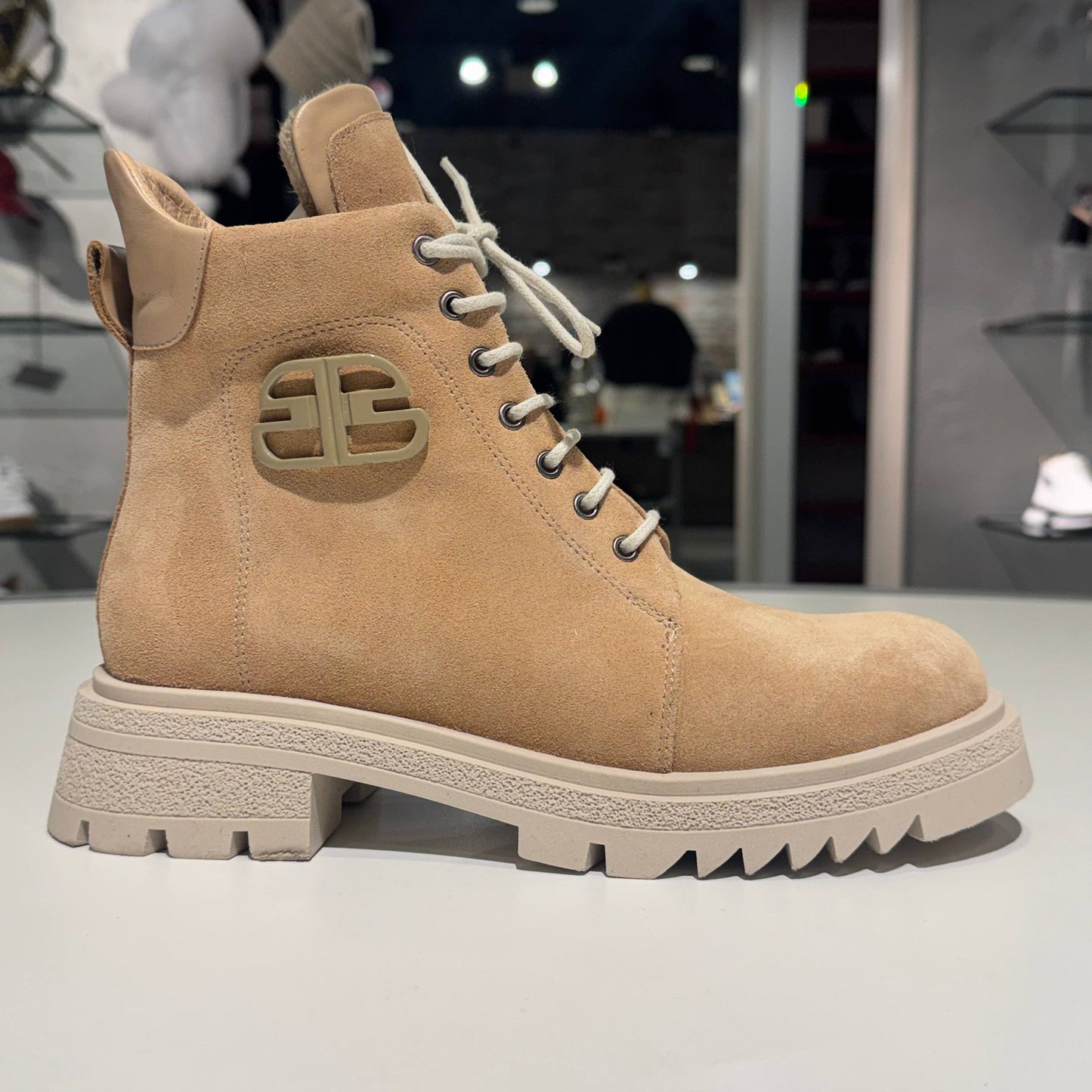 Beige Suede Lace-Up Ankle Boot with Chunky Sole